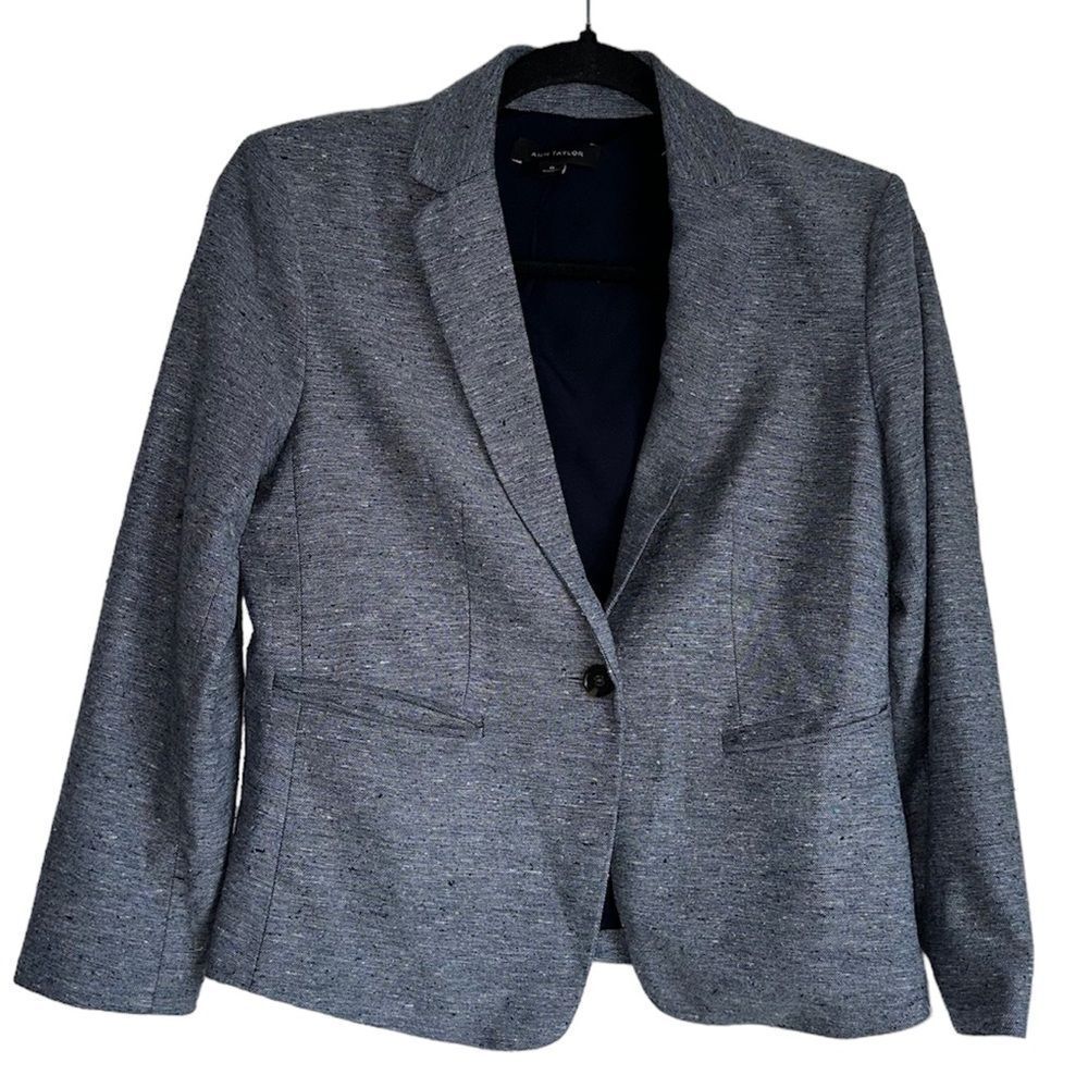 Ann Taylor Navy Blue Tweed Blazer Jacket Career size 0 one button